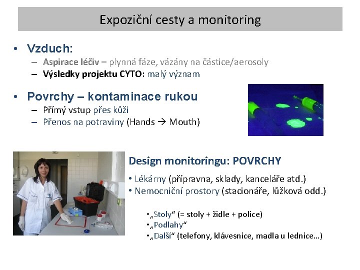 Expoziční cesty a monitoring • Vzduch: – Aspirace léčiv – plynná fáze, vázány na