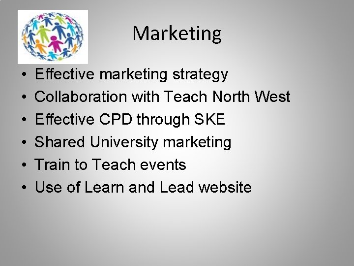 Marketing • • • Effective marketing strategy Collaboration with Teach North West Effective CPD