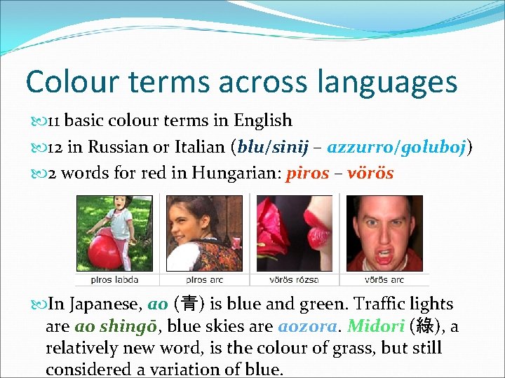 Colour terms across languages 11 basic colour terms in English 12 in Russian or