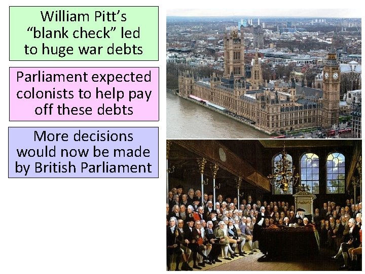 William Pitt’s “blank check” led to huge war debts Parliament expected colonists to help