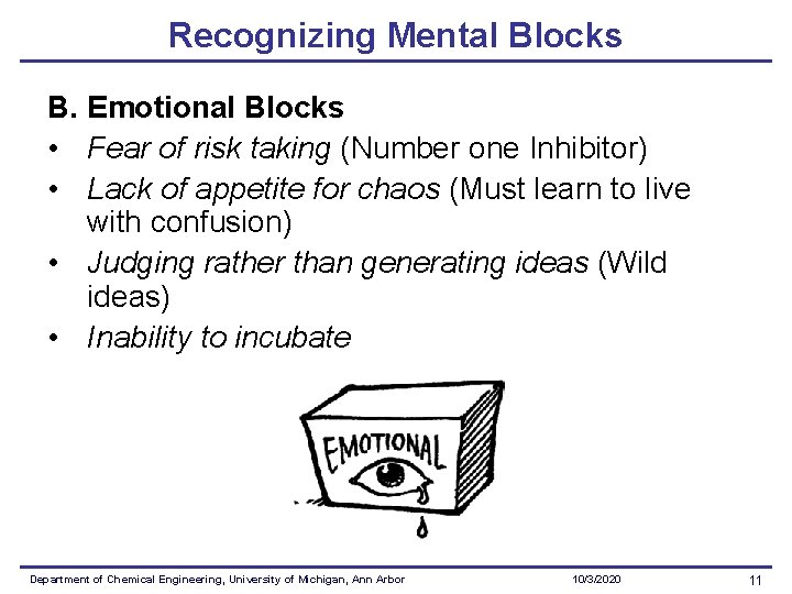 Recognizing Mental Blocks B. Emotional Blocks • Fear of risk taking (Number one Inhibitor)