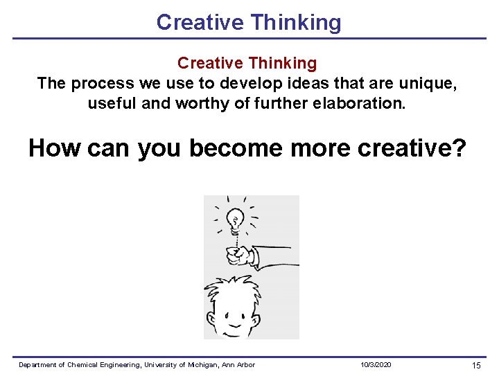 Creative Thinking The process we use to develop ideas that are unique, useful and