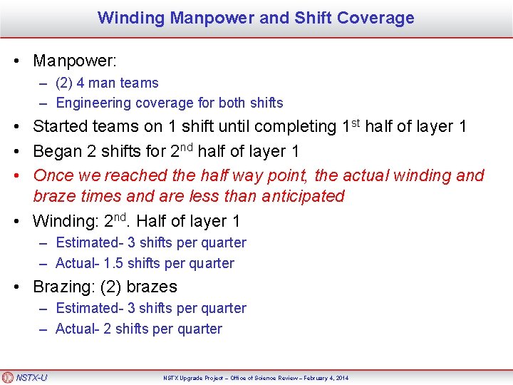 Winding Manpower and Shift Coverage • Manpower: – (2) 4 man teams – Engineering