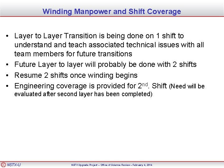 Winding Manpower and Shift Coverage • Layer to Layer Transition is being done on