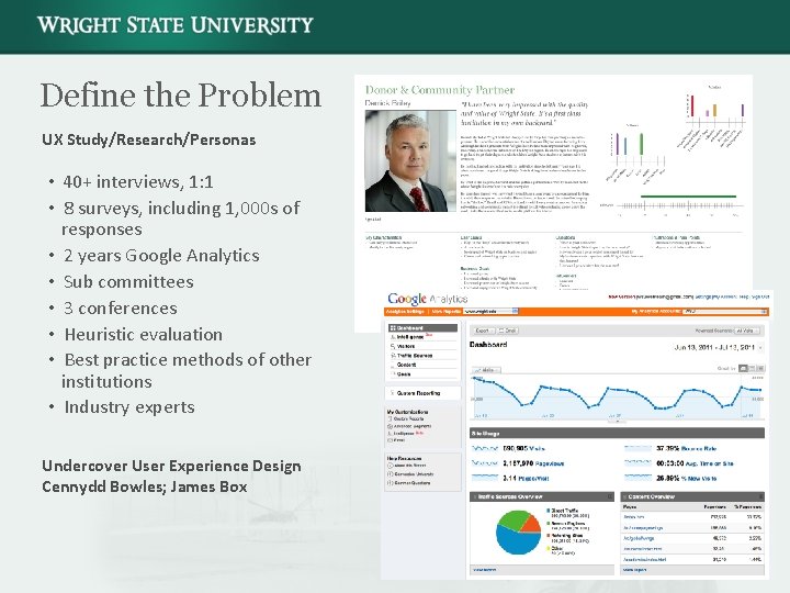 Define the Problem UX Study/Research/Personas • 40+ interviews, 1: 1 • 8 surveys, including