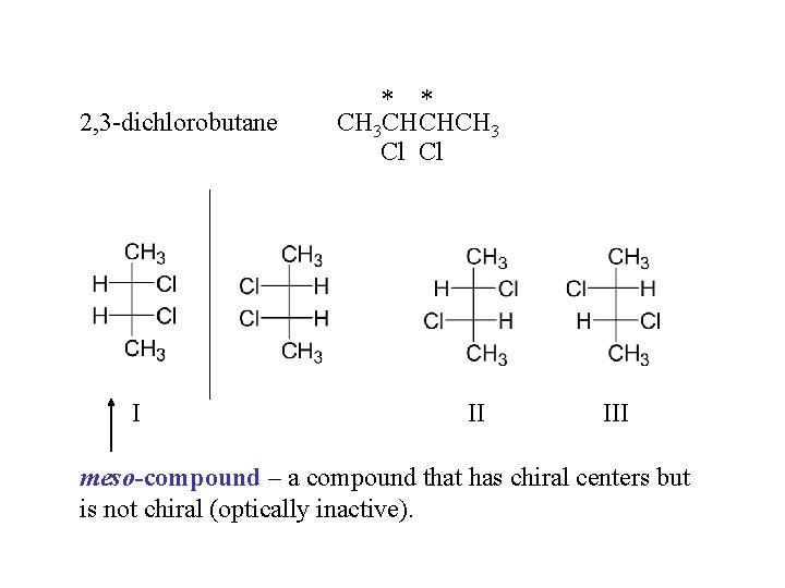 2, 3 -dichlorobutane I * * CH 3 CHCHCH 3 Cl Cl II III