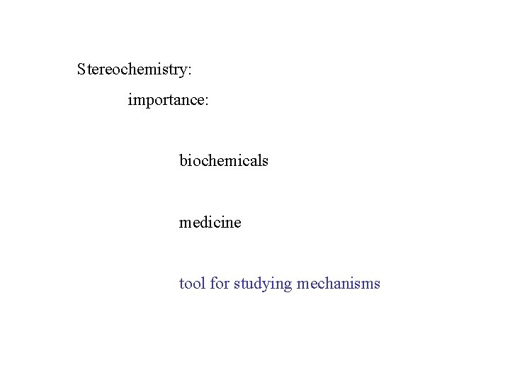 Stereochemistry: importance: biochemicals medicine tool for studying mechanisms 