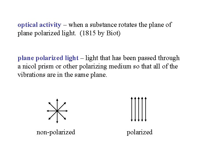 optical activity – when a substance rotates the plane of plane polarized light. (1815