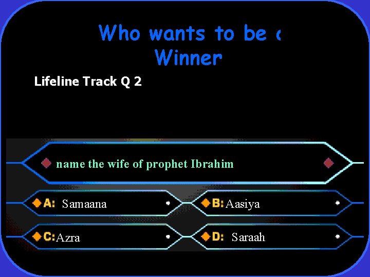 Who wants to be a Winner Lifeline Track Q 2 name the wife of