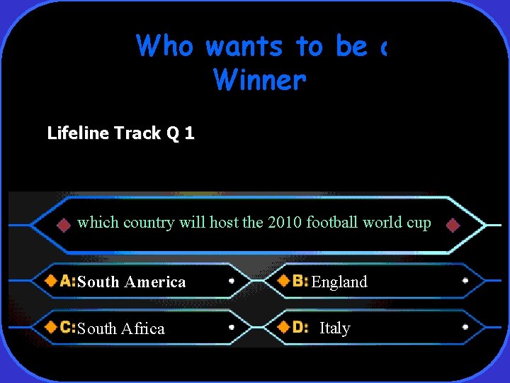 Who wants to be a Winner Lifeline Track Q 1 which country will host