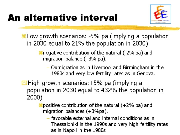 An alternative interval z. Low growth scenarios: -5% pa (implying a population in 2030