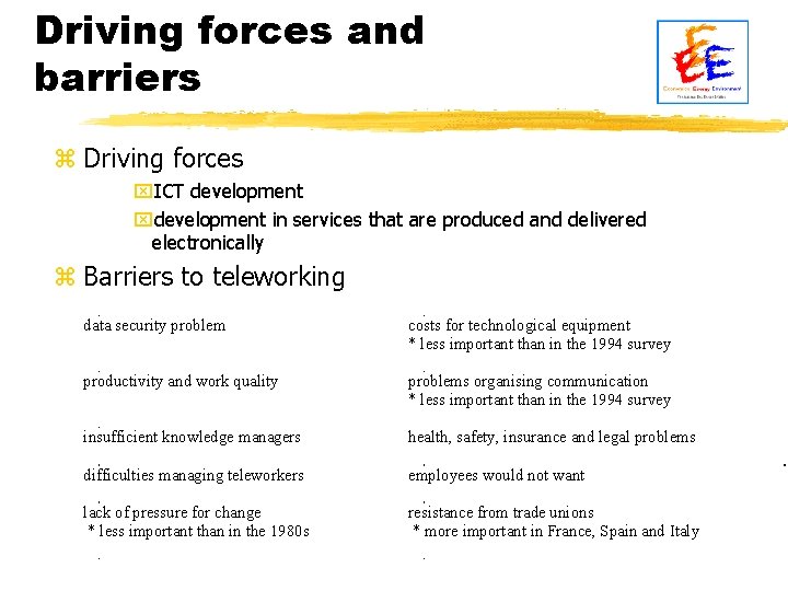 Driving forces and barriers z Driving forces x. ICT development xdevelopment in services that