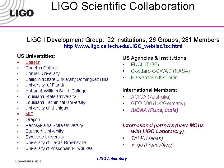 LIGO Scientific Collaboration LIGO I Development Group: 22 Institutions, 26 Groups, 281 Members http: