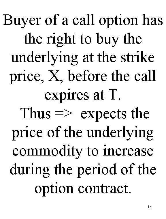 Buyer of a call option has the right to buy the underlying at the