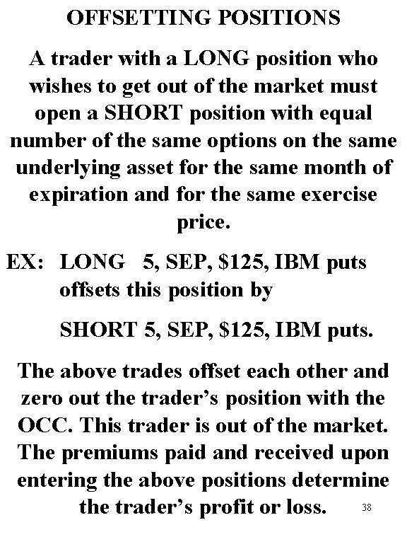 OFFSETTING POSITIONS A trader with a LONG position who wishes to get out of