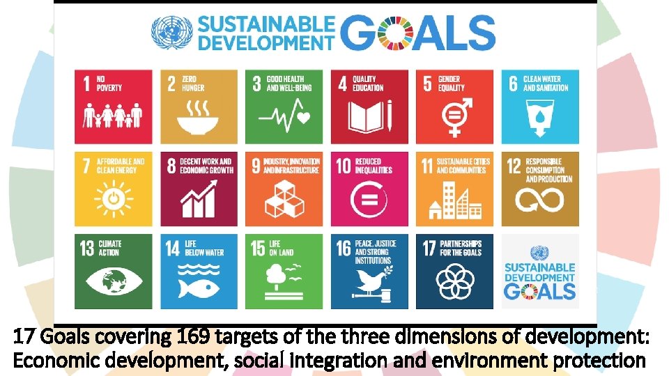 17 Goals covering 169 targets of the three dimensions of development: Economic development, social 17 Goals covering 169 targets of the three dimensions of development: Economic development, social