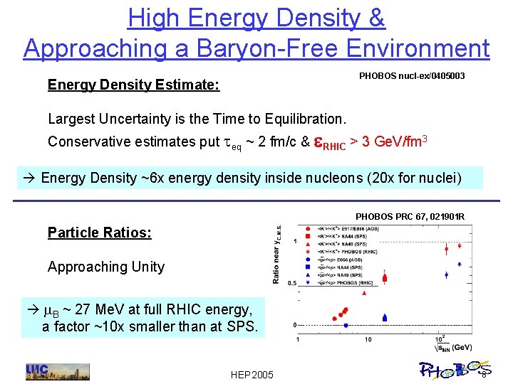High Energy Density & Approaching a Baryon-Free Environment PHOBOS nucl-ex/0405003 Energy Density Estimate: Largest
