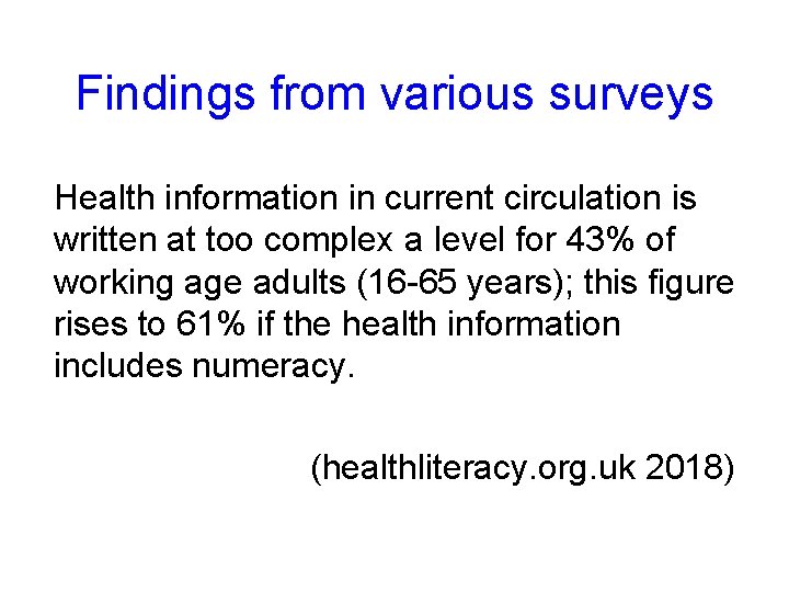 Findings from various surveys Health information in current circulation is written at too complex