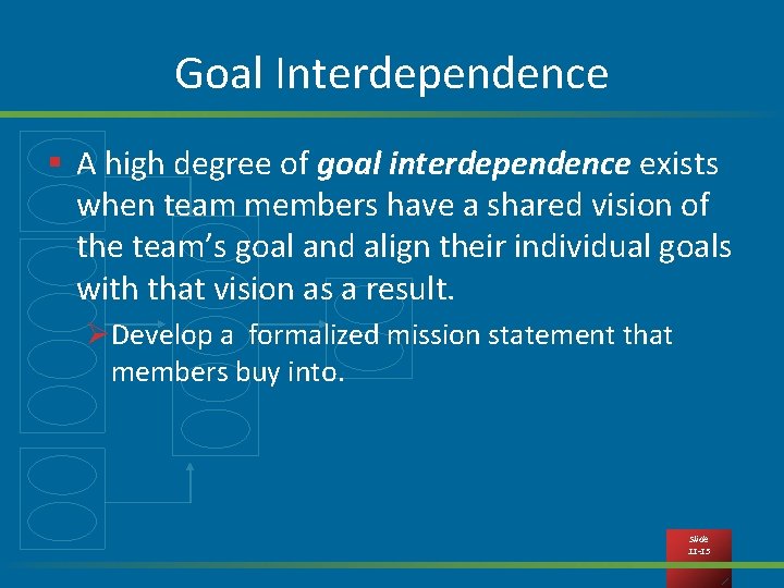 Goal Interdependence § A high degree of goal interdependence exists when team members have