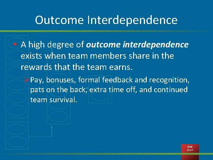 Outcome Interdependence § A high degree of outcome interdependence exists when team members share