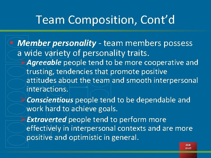 Team Composition, Cont’d § Member personality - team members possess a wide variety of