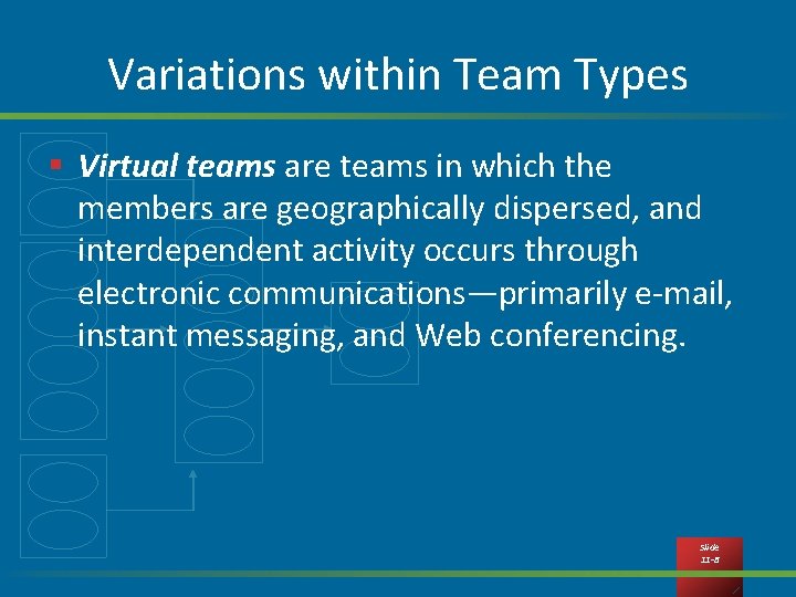 Variations within Team Types § Virtual teams are teams in which the members are