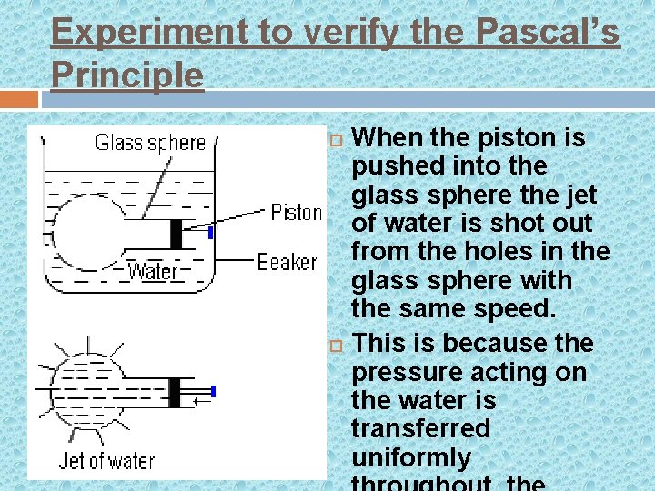 Experiment to verify the Pascal’s Principle When the piston is pushed into the glass