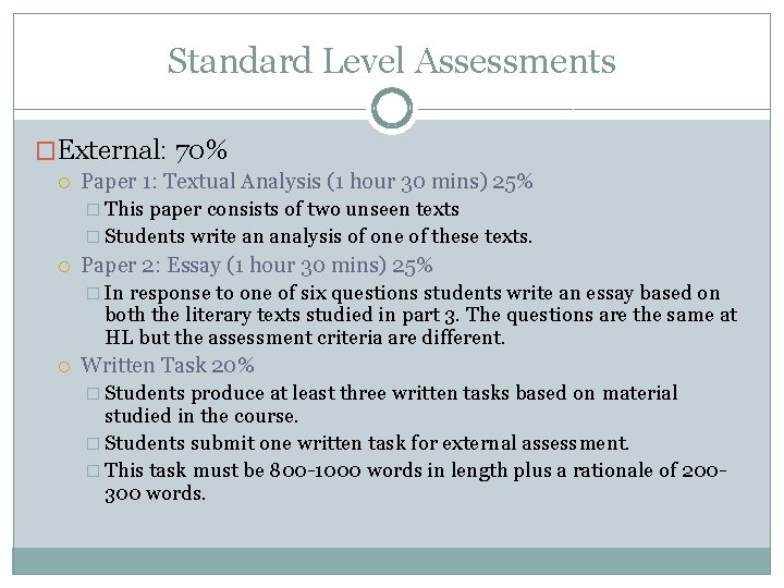 Standard Level Assessments �External: 70% Paper 1: Textual Analysis (1 hour 30 mins) 25%