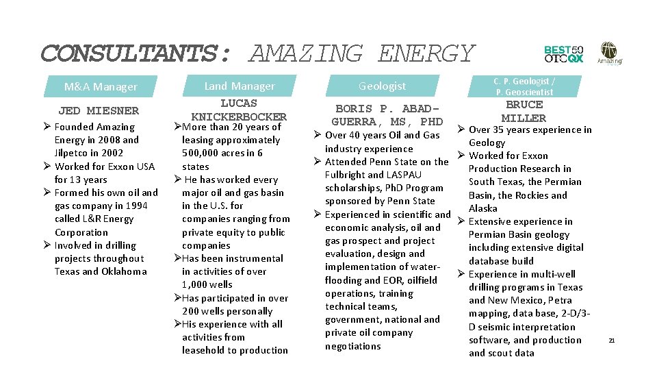 CONSULTANTS: AMAZING ENERGY M&A Manager JED MIESNER Ø Founded Amazing Energy in 2008 and