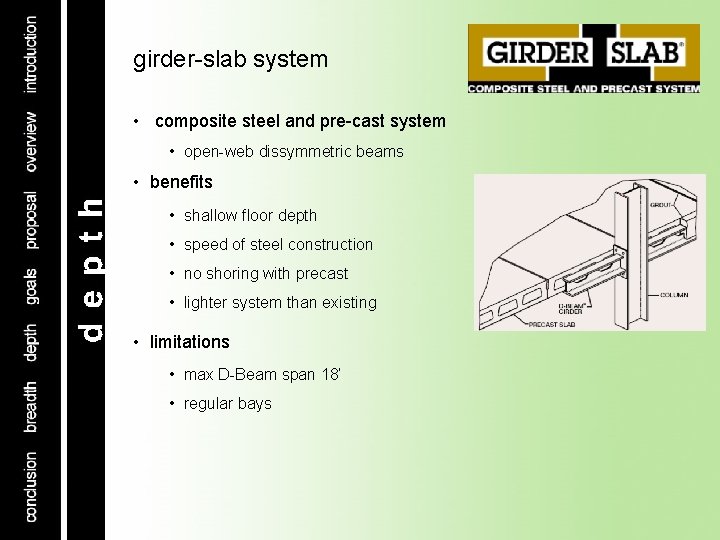 girder-slab system • composite steel and pre-cast system • open-web dissymmetric beams • benefits