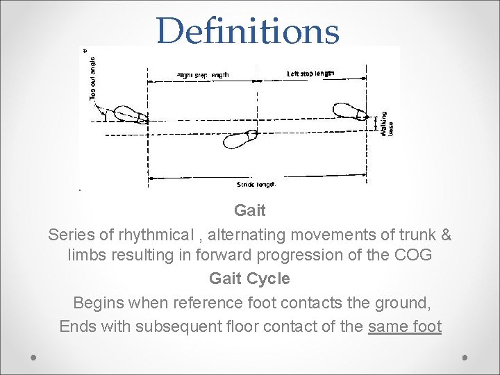 Definitions Gait Series of rhythmical , alternating movements of trunk & limbs resulting in