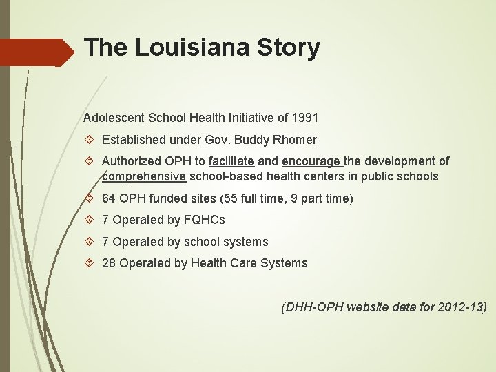 The Louisiana Story Adolescent School Health Initiative of 1991 Established under Gov. Buddy Rhomer