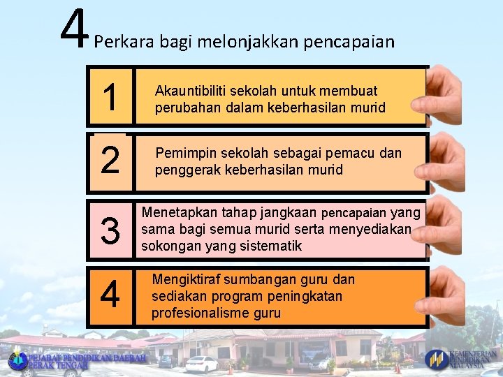 4 Perkara bagi melonjakkan pencapaian 1 Akauntibiliti sekolah untuk membuat perubahan dalam keberhasilan murid
