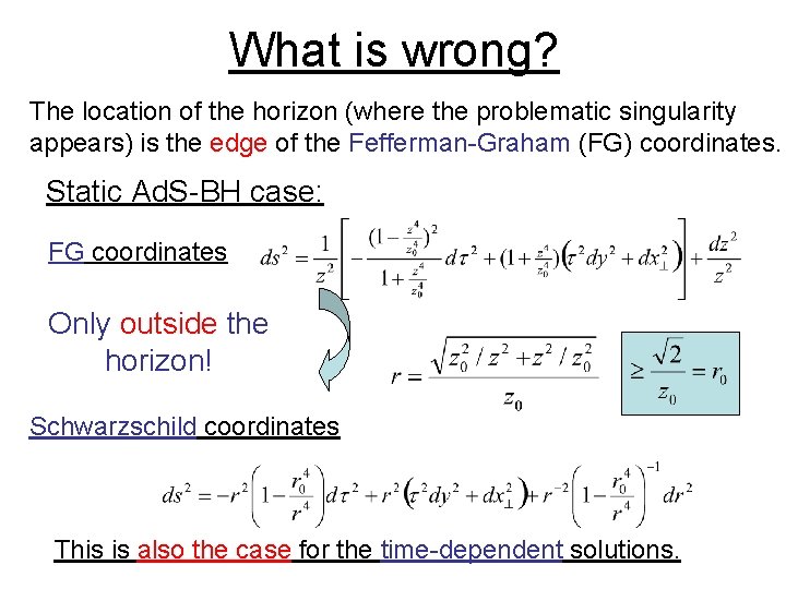 What is wrong? The location of the horizon (where the problematic singularity appears) is