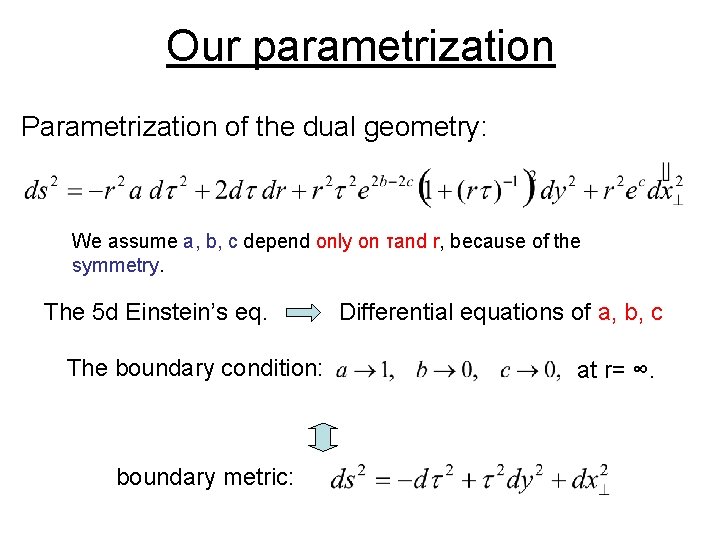 Our parametrization Parametrization of the dual geometry: We assume a, b, c depend only