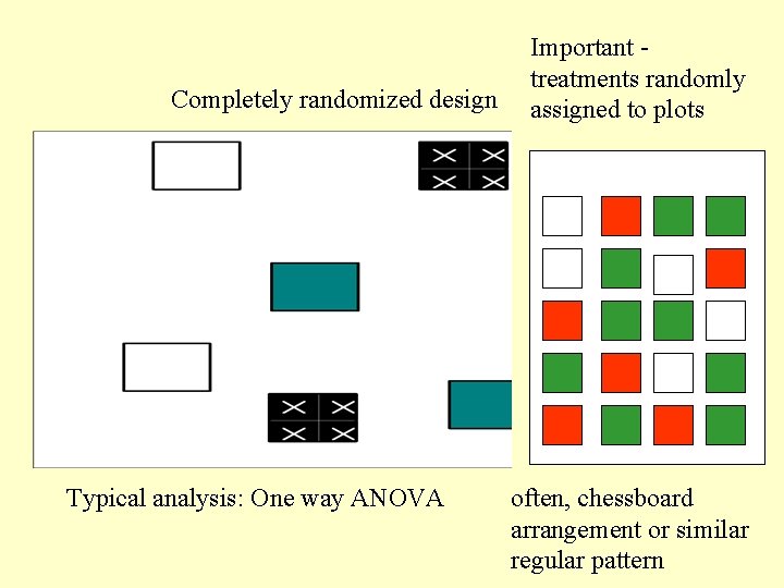 Completely randomized design Typical analysis: One way ANOVA Important treatments randomly assigned to plots