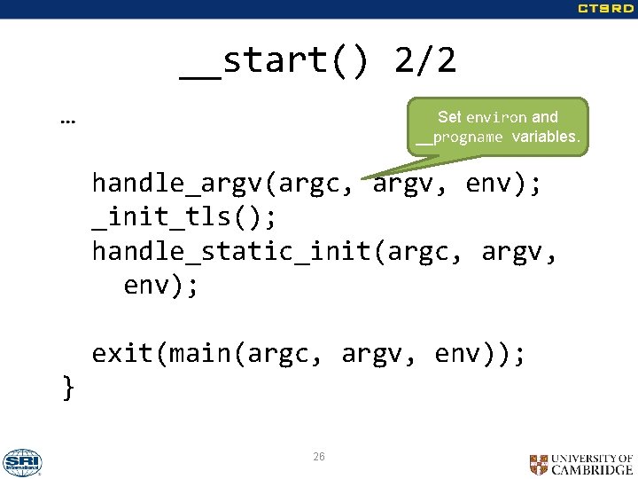 __start() 2/2 … Set environ and __progname variables. handle_argv(argc, argv, env); _init_tls(); handle_static_init(argc, argv,