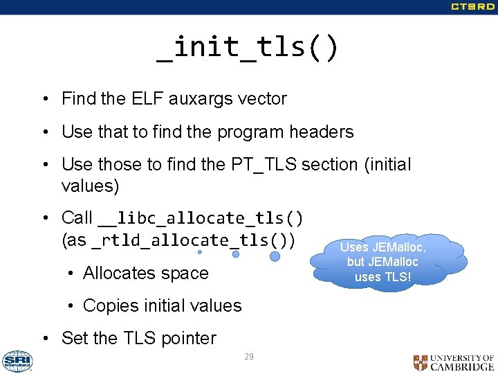 _init_tls() • Find the ELF auxargs vector • Use that to find the program