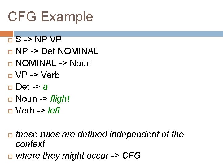 CFG Example S -> NP VP NP -> Det NOMINAL -> Noun VP ->