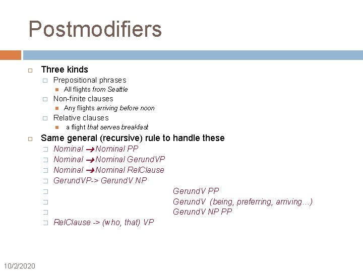 Postmodifiers Three kinds � Prepositional phrases � Non-finite clauses � Any flights arriving before