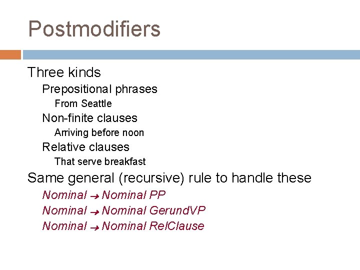 Postmodifiers Three kinds Prepositional phrases From Seattle Non-finite clauses Arriving before noon Relative clauses