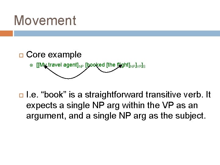 Movement Core example [[My travel agent]NP [booked [the flight]NP]VP]S I. e. “book” is a