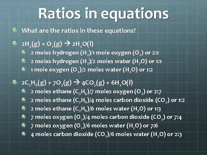 Ratios in equations What are the ratios in these equations? 2 H 2(g) +