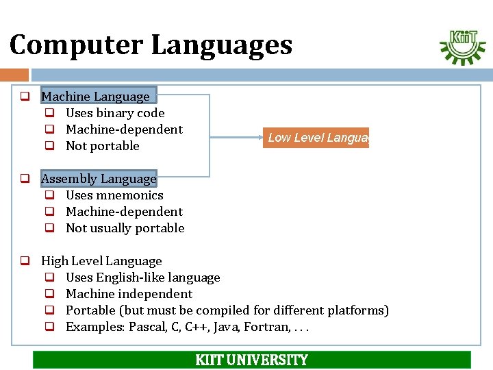 Computer Languages q Machine Language q Uses binary code q Machine-dependent q Not portable