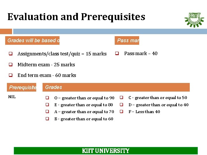 Evaluation and Prerequisites Grades will be based on Pass mark q Assignments/class test/quiz =