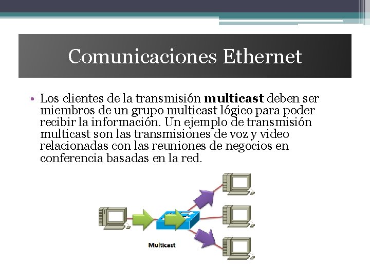 Comunicaciones Ethernet • Los clientes de la transmisión multicast deben ser miembros de un