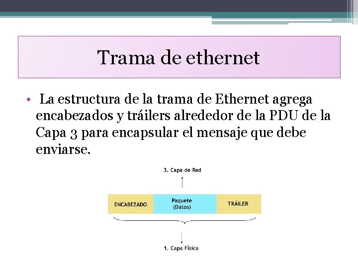 Trama de ethernet • La estructura de la trama de Ethernet agrega encabezados y