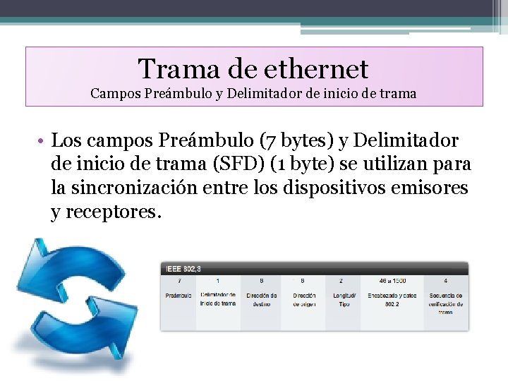 Trama de ethernet Campos Preámbulo y Delimitador de inicio de trama • Los campos