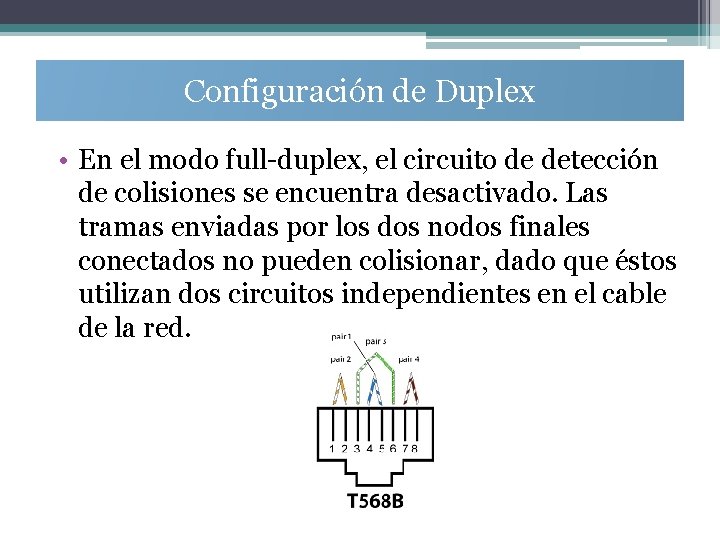 Configuración de Duplex • En el modo full-duplex, el circuito de detección de colisiones