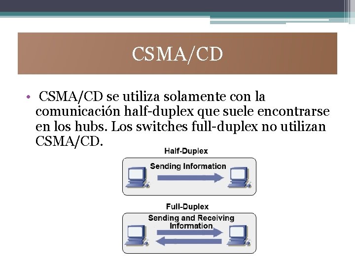 CSMA/CD • CSMA/CD se utiliza solamente con la comunicación half-duplex que suele encontrarse en